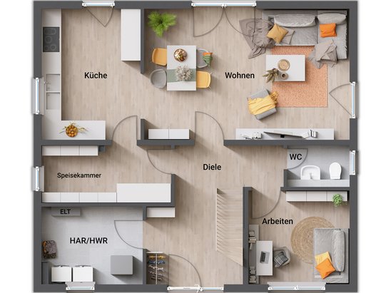 Flair 134 Erdgeschoss Grundrissvariante 4 mit zentralem Antritt Erdgeschoss des Flair 134 mit Antritt aus der Geschossmitte und großzügiger Garderobe.