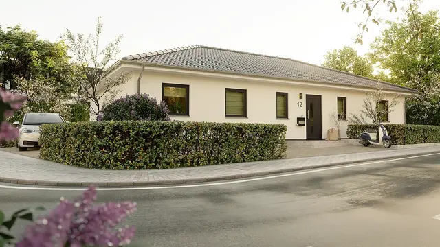 Bungalow 131: Eleganz und Funktionalität mit Eingang an der kurzen Seite Der Bungalow 131 vereint elegante Architektur und funktionales Wohnen. In der Variante mit Eingang an der kurzen Seite unterstreichen großzügige Räume wie der Wohnbereich am Hausende, ein Schlafzimmer mit Ankleide und ein markanter Flur im 'Catwalk'-Stil das moderne Konzept.